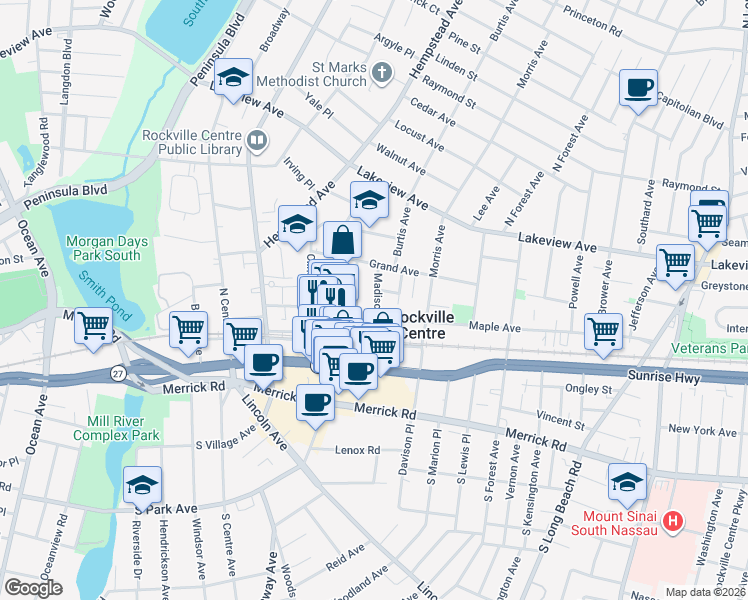 map of restaurants, bars, coffee shops, grocery stores, and more near 23 Maple Avenue in Rockville Centre