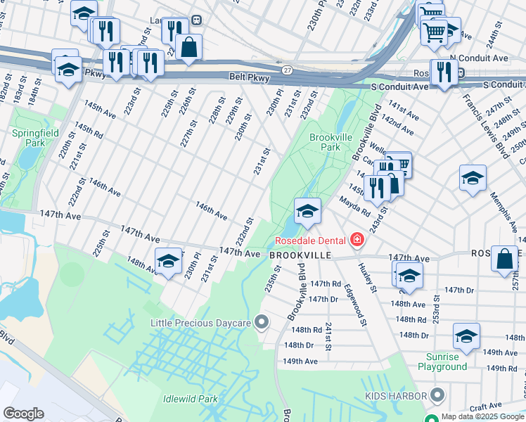 map of restaurants, bars, coffee shops, grocery stores, and more near 145-49 232nd Street in Queens