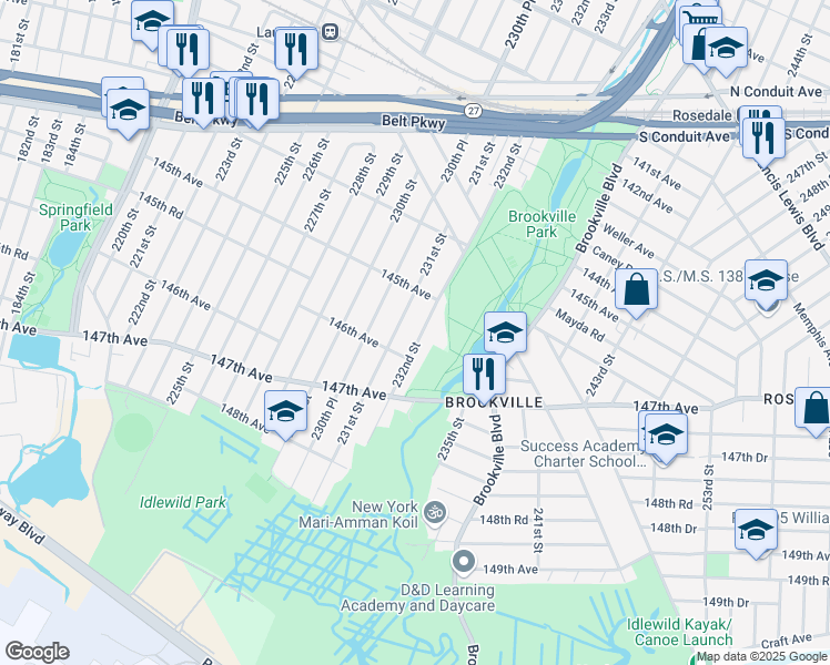map of restaurants, bars, coffee shops, grocery stores, and more near 145-49 232nd Street in Queens