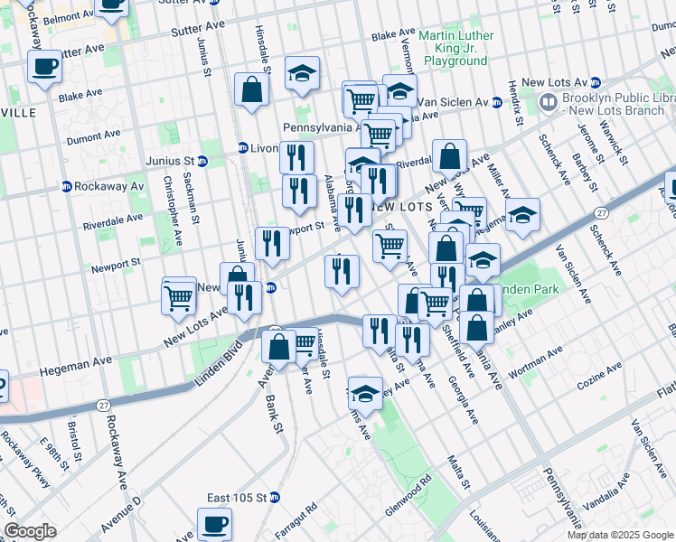 map of restaurants, bars, coffee shops, grocery stores, and more near 15 Louisiana Avenue in Brooklyn