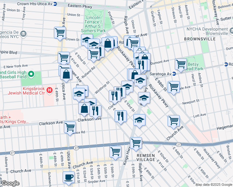 map of restaurants, bars, coffee shops, grocery stores, and more near 260 East 92nd Street in Brooklyn