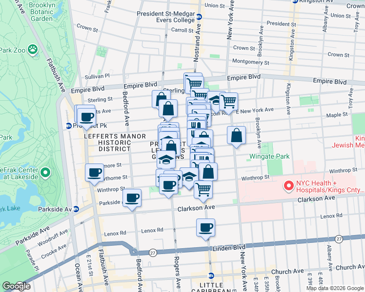map of restaurants, bars, coffee shops, grocery stores, and more near 276 Rutland Road in Brooklyn