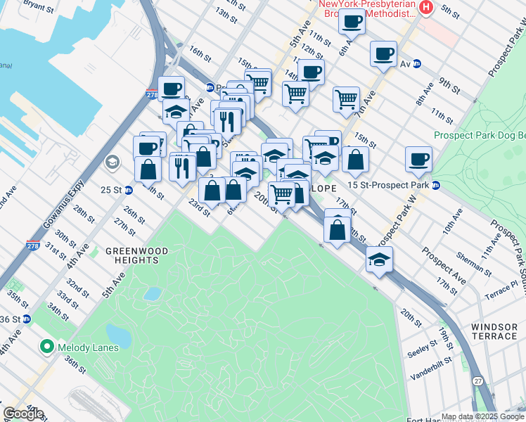 map of restaurants, bars, coffee shops, grocery stores, and more near 329 22nd Street in Brooklyn