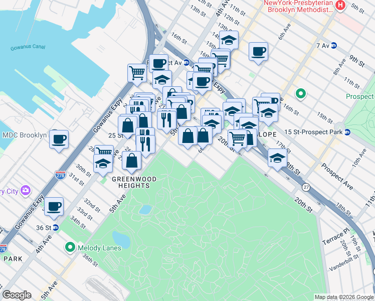 map of restaurants, bars, coffee shops, grocery stores, and more near 738 6th Avenue in Brooklyn
