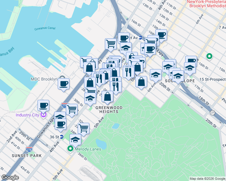 map of restaurants, bars, coffee shops, grocery stores, and more near 756 5th Avenue in Brooklyn