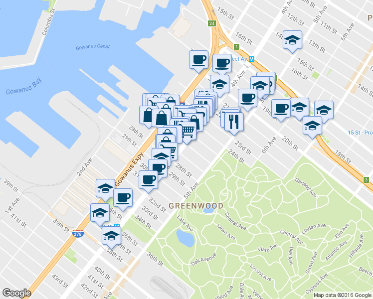 map of restaurants, bars, coffee shops, grocery stores, and more near 219 27th Street in Brooklyn