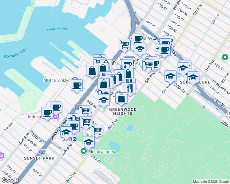 map of restaurants, bars, coffee shops, grocery stores, and more near 219 27th Street in Brooklyn