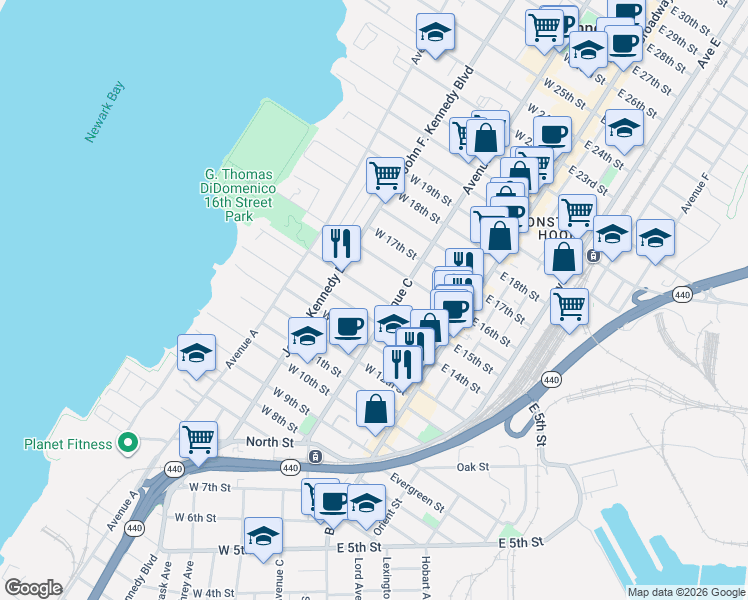 map of restaurants, bars, coffee shops, grocery stores, and more near 74 West 14th Street in Bayonne