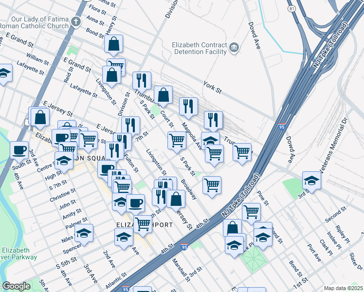 map of restaurants, bars, coffee shops, grocery stores, and more near 602 South Park Street in Elizabeth
