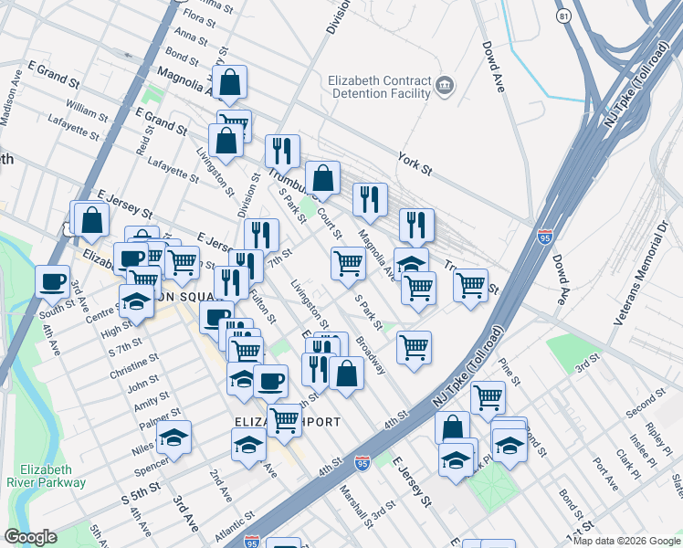 map of restaurants, bars, coffee shops, grocery stores, and more near 600 South Park Street in Elizabeth