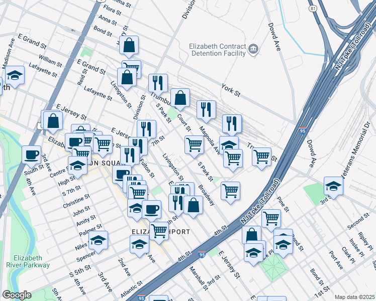 map of restaurants, bars, coffee shops, grocery stores, and more near 602 South Park Street in Elizabeth