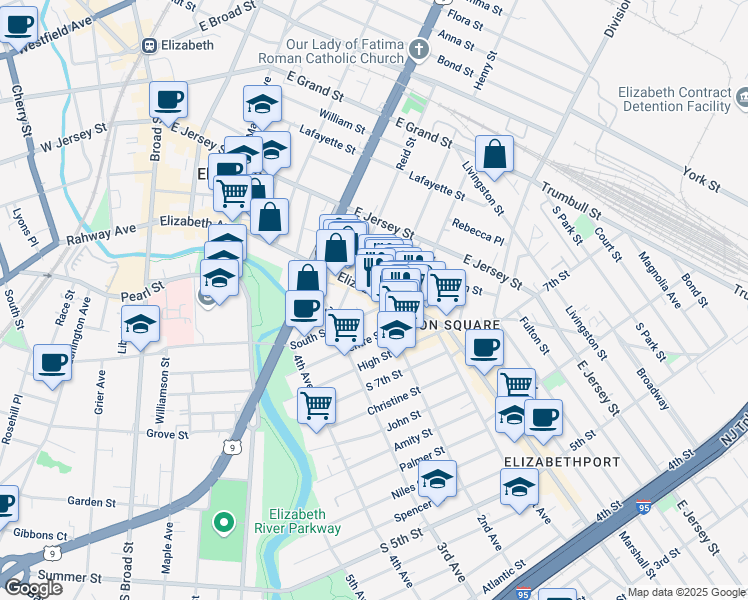 map of restaurants, bars, coffee shops, grocery stores, and more near 850 2nd Avenue in Elizabeth
