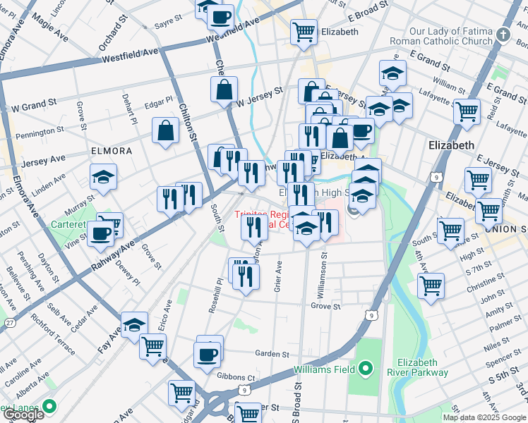 map of restaurants, bars, coffee shops, grocery stores, and more near 132 Race Street in Elizabeth