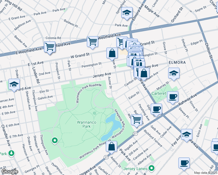 map of restaurants, bars, coffee shops, grocery stores, and more near 116 Acme Street in Elizabeth