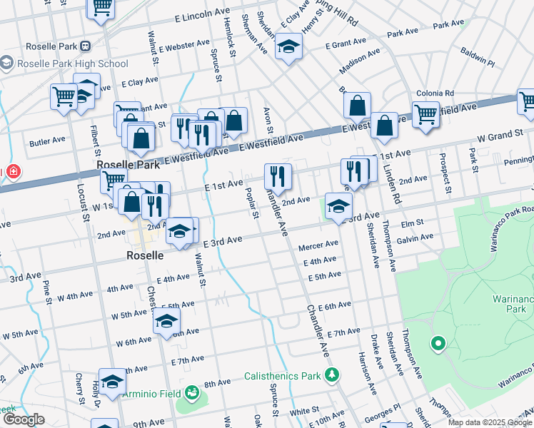 map of restaurants, bars, coffee shops, grocery stores, and more near 225 Poplar Street in Roselle
