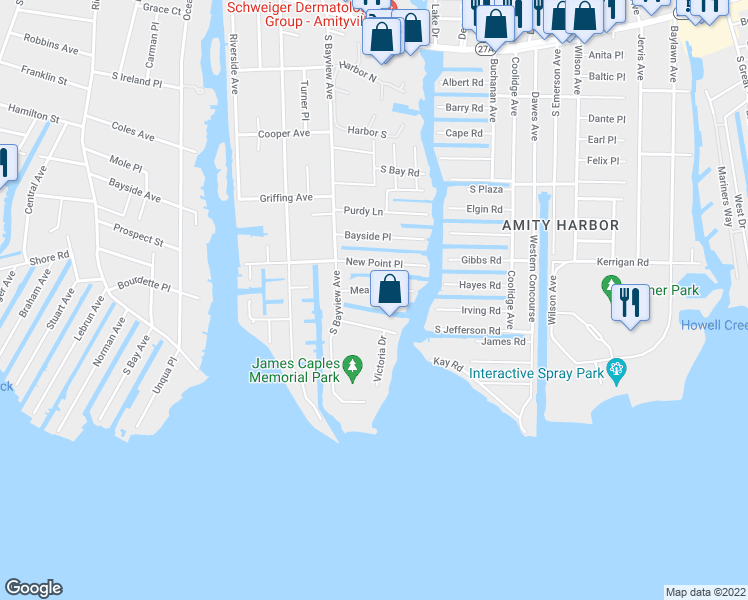 map of restaurants, bars, coffee shops, grocery stores, and more near 302 South Bayview Avenue in Amityville