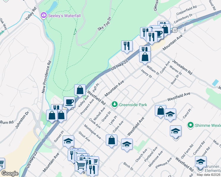 map of restaurants, bars, coffee shops, grocery stores, and more near 2232 Mountain Avenue in Scotch Plains