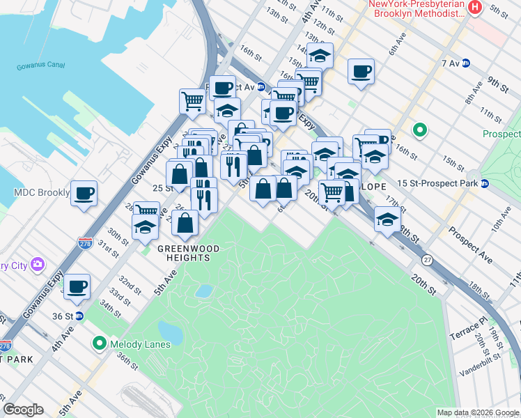map of restaurants, bars, coffee shops, grocery stores, and more near 277 23rd Street in Brooklyn