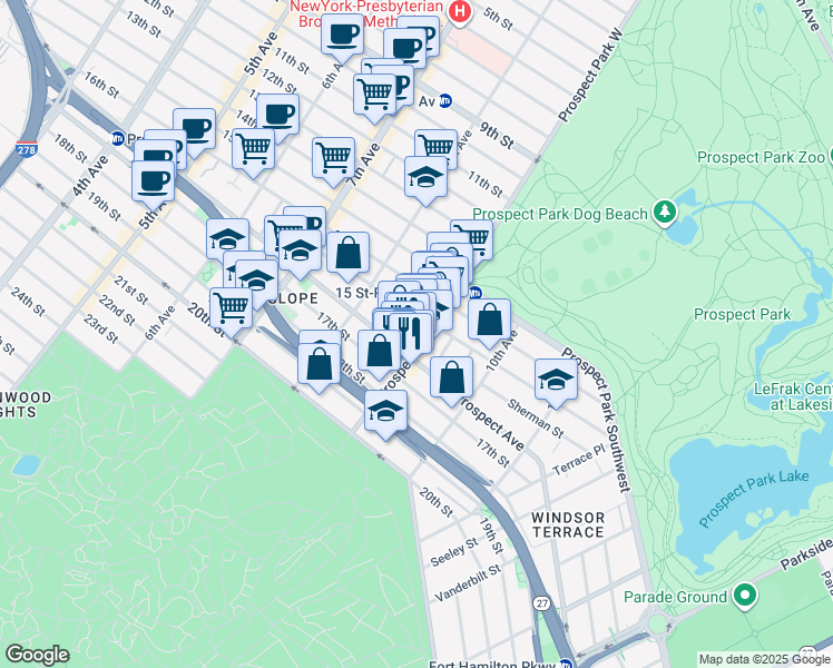 map of restaurants, bars, coffee shops, grocery stores, and more near 256 Prospect Park West in Brooklyn