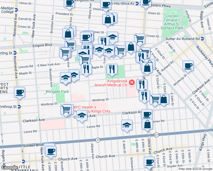 map of restaurants, bars, coffee shops, grocery stores, and more near Troy Avenue & Fenimore Street in Brooklyn
