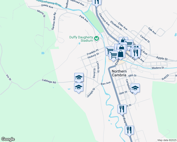 map of restaurants, bars, coffee shops, grocery stores, and more near 400 Highland Avenue in Northern Cambria