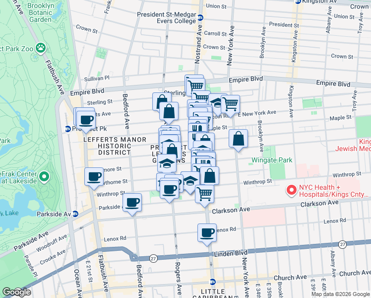 map of restaurants, bars, coffee shops, grocery stores, and more near 276 Rutland Road in Brooklyn