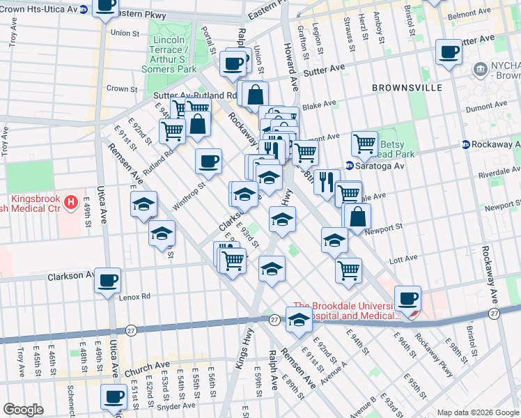 map of restaurants, bars, coffee shops, grocery stores, and more near 280 East 95th Street in Brooklyn
