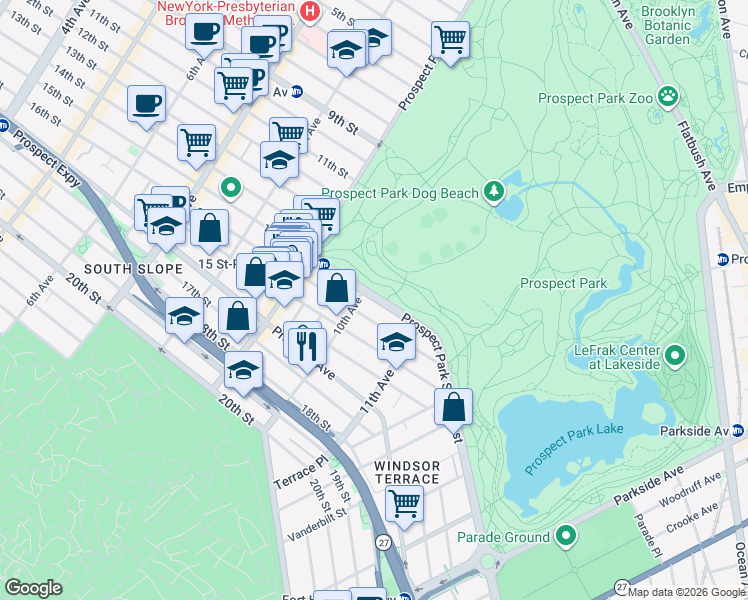 map of restaurants, bars, coffee shops, grocery stores, and more near 44 Prospect Park Southwest in Brooklyn
