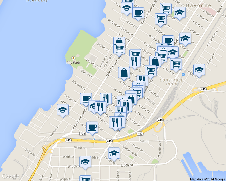 map of restaurants, bars, coffee shops, grocery stores, and more near 72 West 15th Street in Bayonne