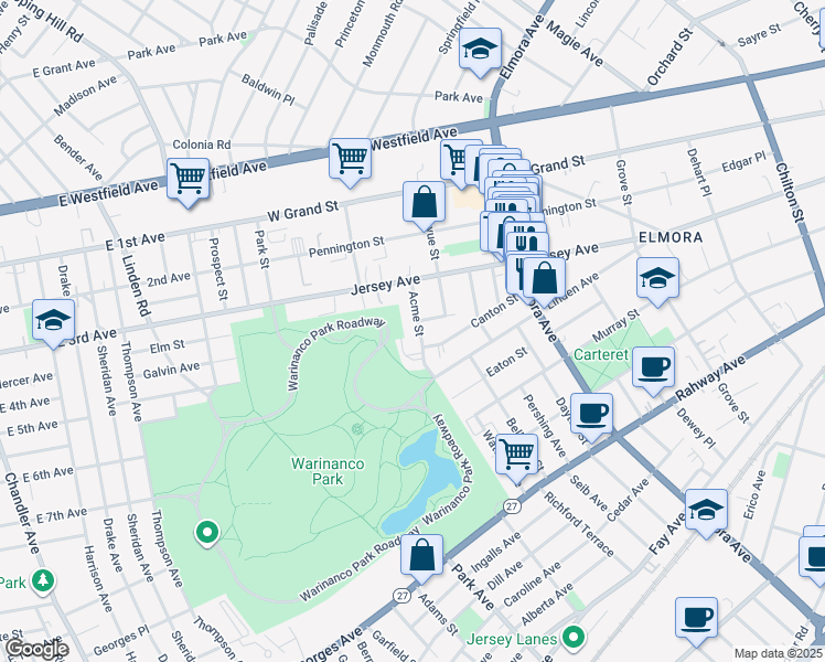 map of restaurants, bars, coffee shops, grocery stores, and more near 116 Acme Street in Elizabeth