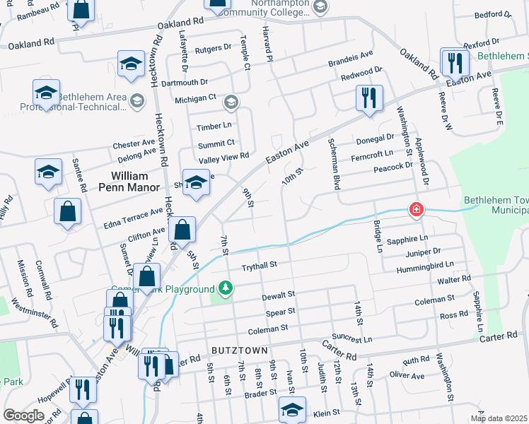 map of restaurants, bars, coffee shops, grocery stores, and more near 3715 Miller Street in Bethlehem