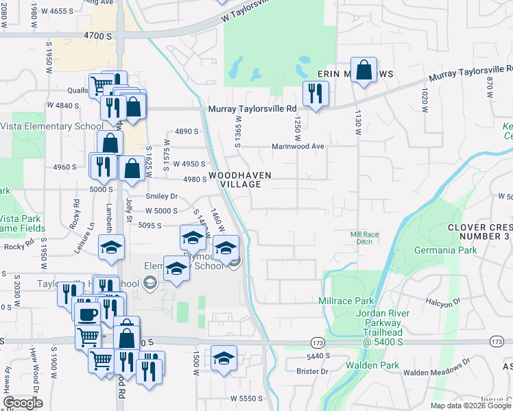 map of restaurants, bars, coffee shops, grocery stores, and more near 1315 West 5000 South in Murray