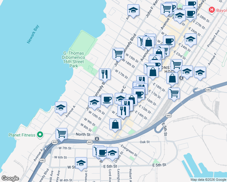 map of restaurants, bars, coffee shops, grocery stores, and more near 72 West 15th Street in Bayonne