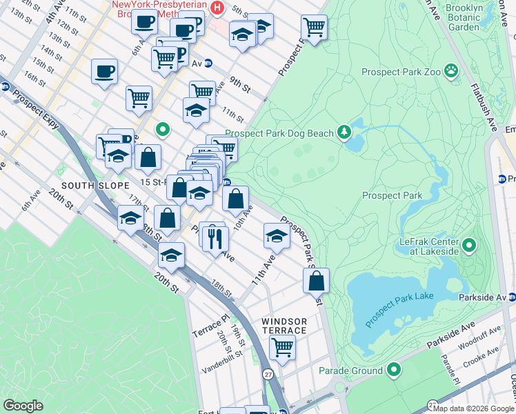 map of restaurants, bars, coffee shops, grocery stores, and more near 41 Prospect Park Southwest in Brooklyn