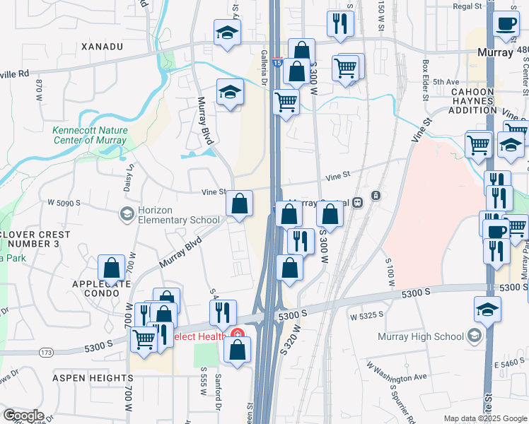 map of restaurants, bars, coffee shops, grocery stores, and more near 383 West Vine Street in Salt Lake City