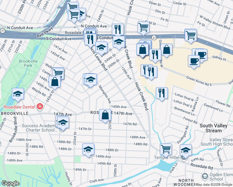 map of restaurants, bars, coffee shops, grocery stores, and more near 257-21 144th Avenue in Queens