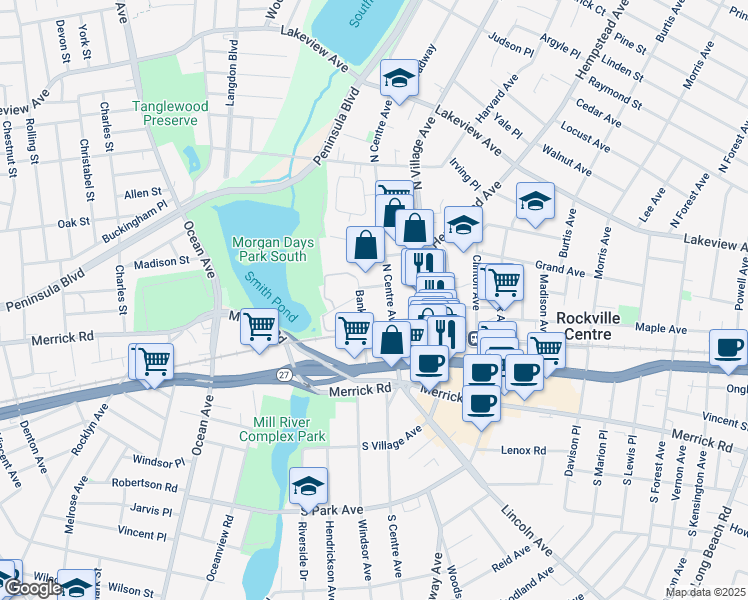 map of restaurants, bars, coffee shops, grocery stores, and more near 80 North Centre Avenue in Rockville Centre