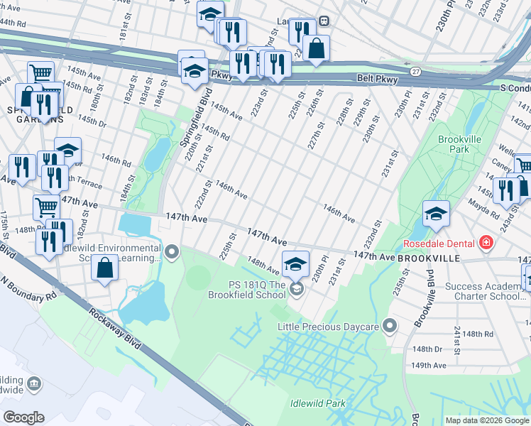 map of restaurants, bars, coffee shops, grocery stores, and more near 146-5 226th Street in Queens