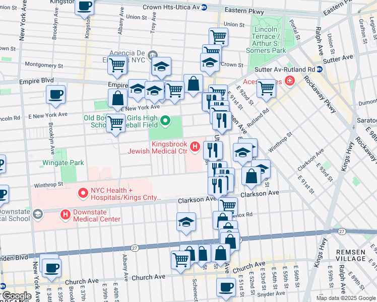 map of restaurants, bars, coffee shops, grocery stores, and more near 585 Schenectady Avenue in Brooklyn