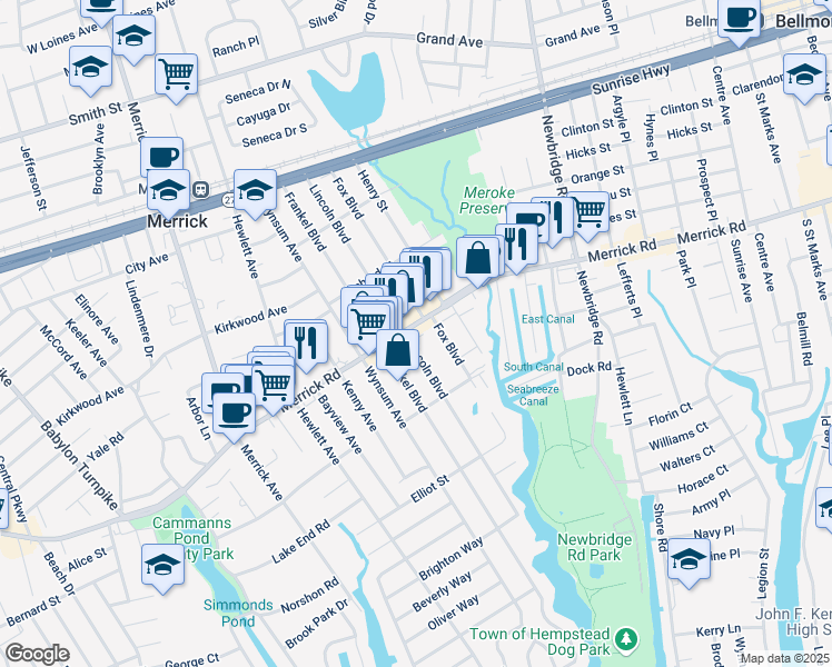 map of restaurants, bars, coffee shops, grocery stores, and more near 223 Lincoln Boulevard in Merrick