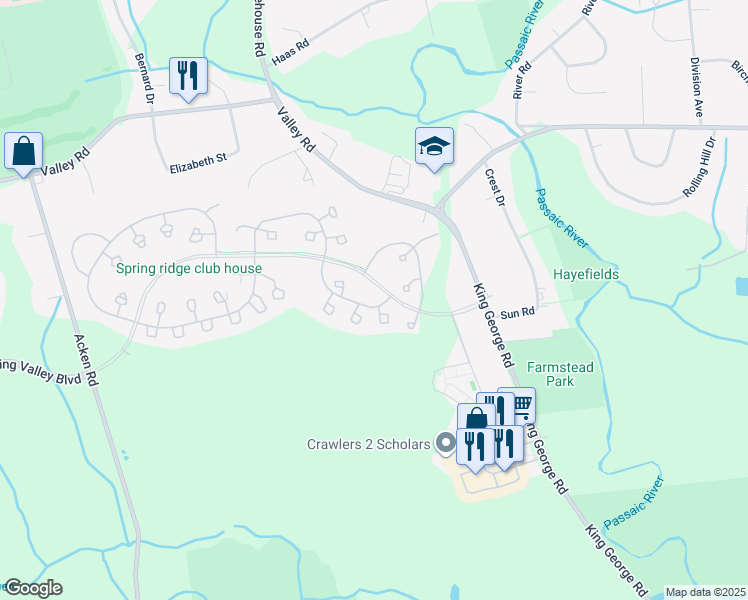 map of restaurants, bars, coffee shops, grocery stores, and more near 201 Jamestown Road in Basking Ridge