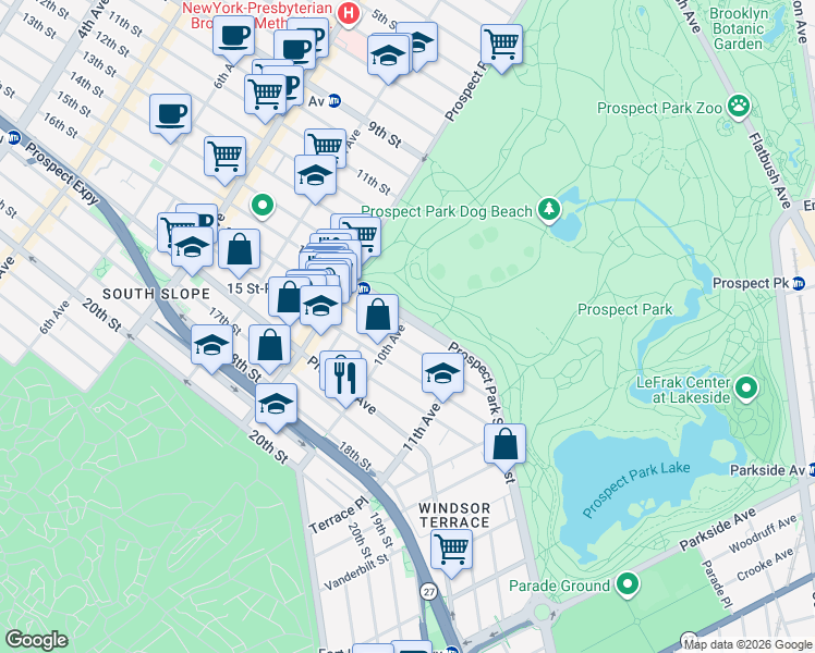 map of restaurants, bars, coffee shops, grocery stores, and more near 38 Prospect Park Southwest in Brooklyn