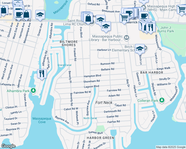 map of restaurants, bars, coffee shops, grocery stores, and more near 111 Bayview Avenue in Massapequa