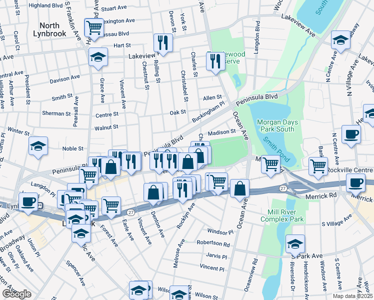 map of restaurants, bars, coffee shops, grocery stores, and more near 34 Washington Avenue in Lynbrook