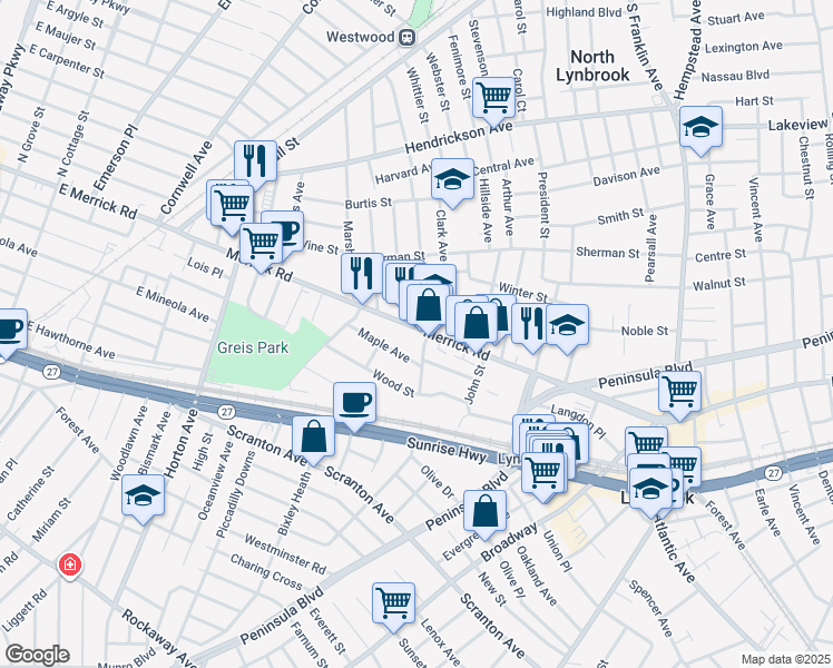 map of restaurants, bars, coffee shops, grocery stores, and more near 38 Maple Avenue in Lynbrook