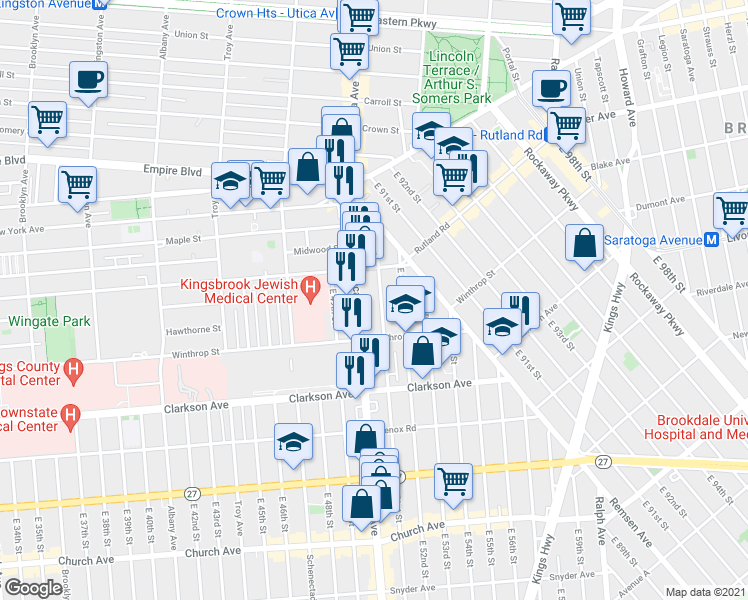 map of restaurants, bars, coffee shops, grocery stores, and more near 130 East 51st Street in Brooklyn