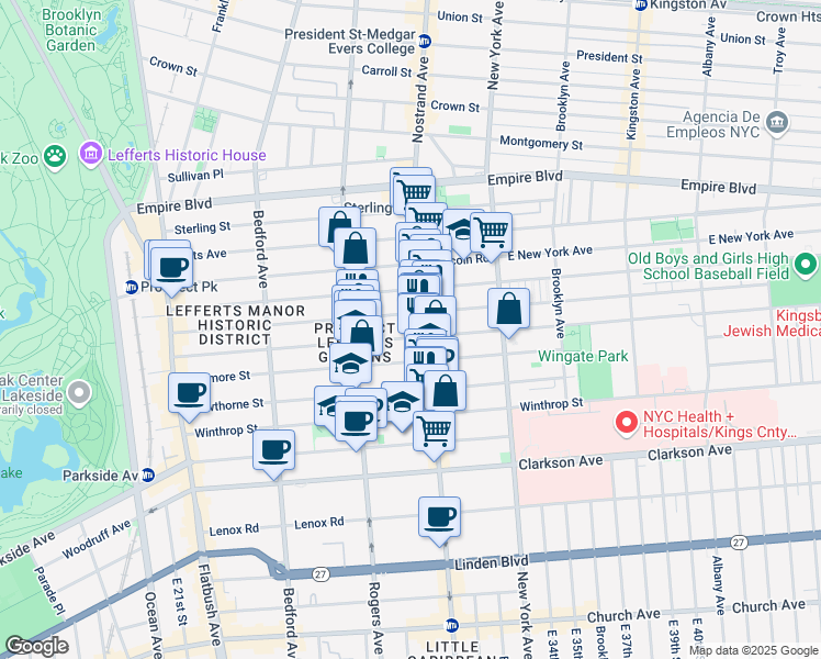 map of restaurants, bars, coffee shops, grocery stores, and more near 276 Rutland Road in Brooklyn