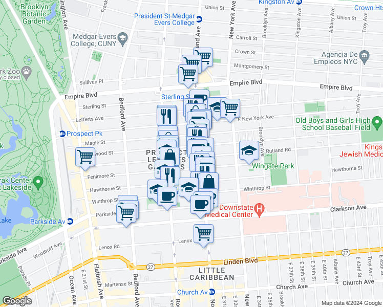 map of restaurants, bars, coffee shops, grocery stores, and more near 276 Rutland Road in Brooklyn