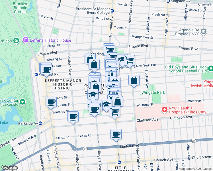 map of restaurants, bars, coffee shops, grocery stores, and more near 276 Rutland Road in Brooklyn