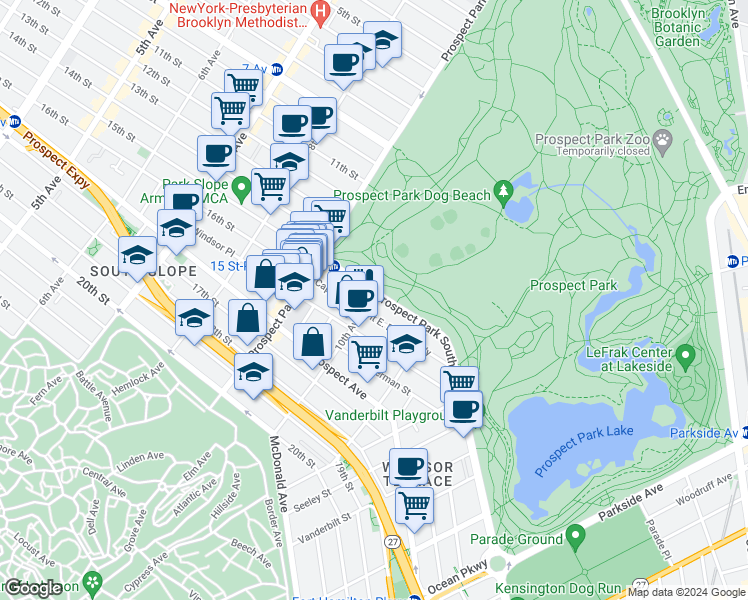 map of restaurants, bars, coffee shops, grocery stores, and more near 549 16th Street in Brooklyn